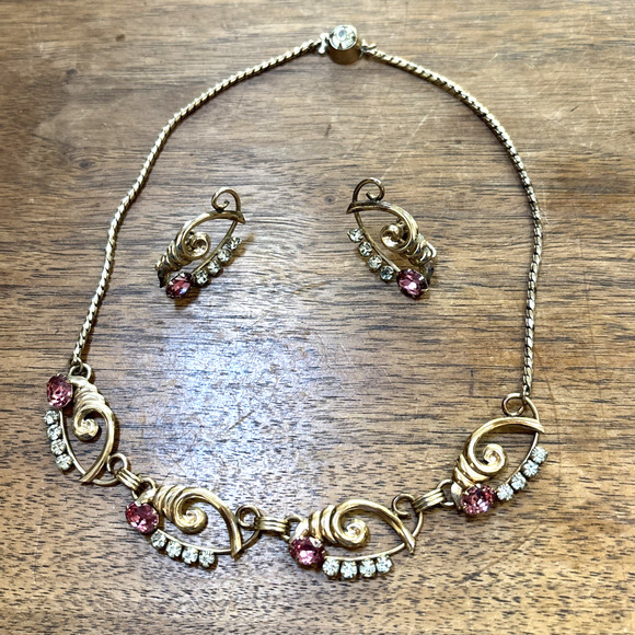 De Curtis Pink Rhinestone Choker & Screw Earrings 1/20 12k Gold Filled Vintage - Picture 2 of 8